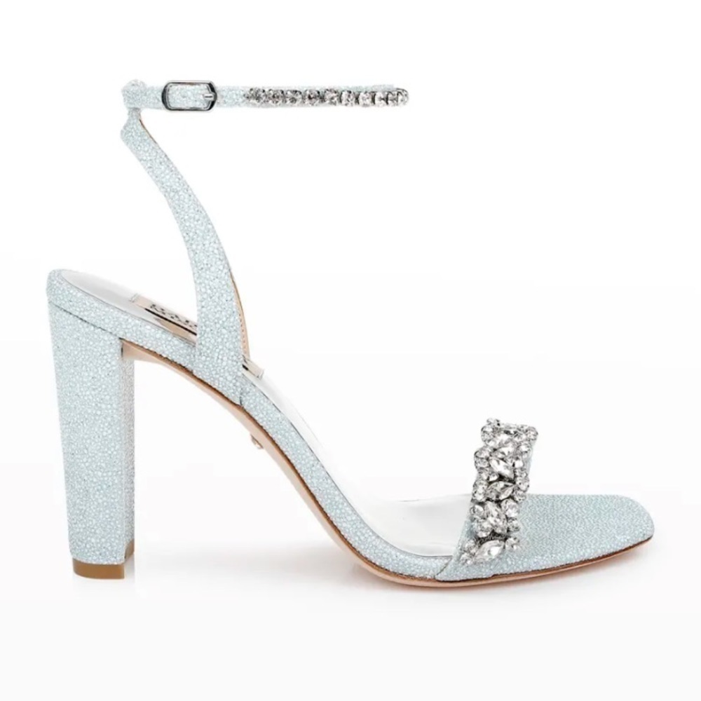 BADGLEY MISCHKA Tasmine Metallic Crystal Ankle-Strap Sandals, Soft Blue 9.5